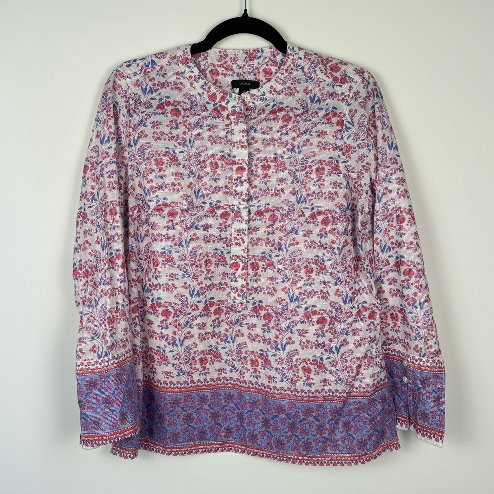 J. Crew Iris Block Print Floral Popover Blouse Cotton Metallic Size S